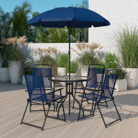 Flash Furniture GM-202012-NV-GG Nantucket 6 Piece Navy Patio Garden Set with Umbrella Table and Set of 4 Folding Chairs